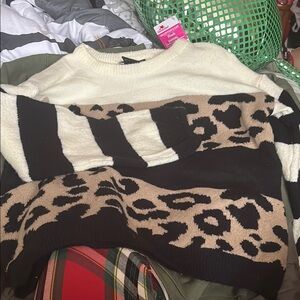 Women's Cream and Black Leopard Sweater